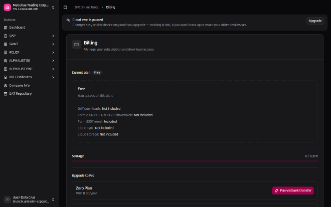 BIR Online Tools&rsquo; Billing page for a Free-plan account, showing DAT downloads and Form 2307 PDF downloads marked Not included, Form 2307 email marked Included, a 0/100% storage bar, and a Zero Plan upgrade option with a Pay via bank transfer button