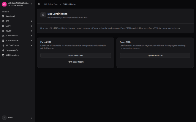 BIR Online Tools&rsquo; BIR Certificates hub showing a Form 2307 card with Open Form 2307 and Form 2307 Report buttons, next to a Form 2316 card