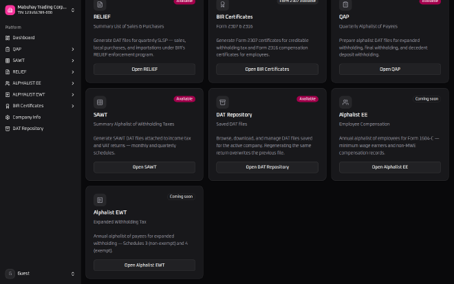 BIR Online Tools dashboard tool grid showing RELIEF, BIR Certificates, QAP, SAWT, and DAT Repository cards marked Available, and Alphalist EE and Alphalist EWT cards marked Coming soon