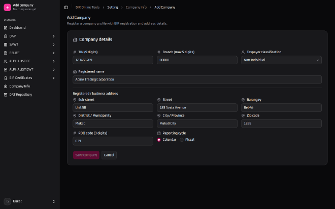 BIR Online Tools&rsquo; empty Add Company form, showing TIN, branch, taxpayer classification, registered name, address, RDO code, and reporting cycle fields with no data entered