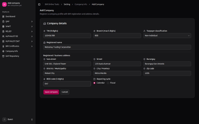 BIR Online Tools&rsquo; Add Company form filled in for Mabuhay Trading Corporation, with a 9-digit TIN, branch code 000, Non-Individual classification, and a complete Makati City business address