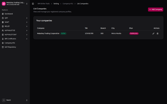 BIR Online Tools&rsquo; List Companies page showing Mabuhay Trading Corporation saved with an Active badge, its TIN, branch, city, and a Full Access plan badge