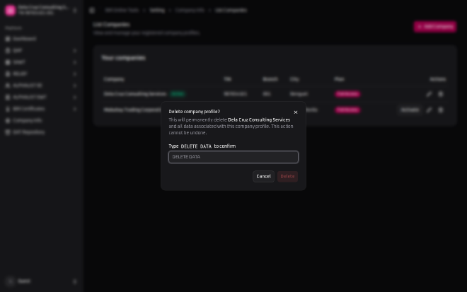 BIR Online Tools&rsquo; delete company confirmation dialog for Dela Cruz Consulting Services, asking the user to type DELETE DATA to confirm, with the Delete button disabled until the phrase matches