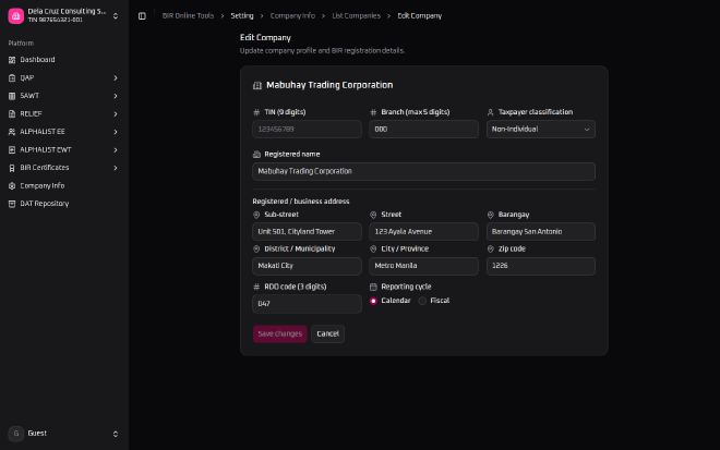 BIR Online Tools&rsquo; Edit Company form for Mabuhay Trading Corporation, with the TIN and branch code fields greyed out and read-only while the address and other fields stay editable