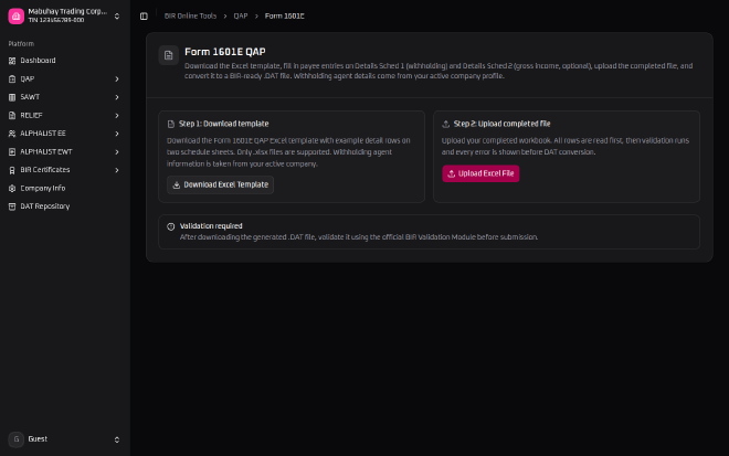 BIR Online Tools&rsquo; empty Form 1601E QAP page, showing Step 1 Download template and Step 2 Upload completed file, with no file uploaded yet