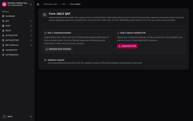 BIR Online Tools&rsquo; empty Form 1601F QAP page, describing Step 1 Download template covering Details Sched 1 final withholding, Sched 2 fringe benefits, and Sched 3 exempt payees