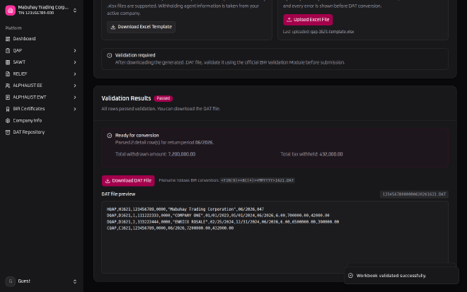 BIR Online Tools&rsquo; Form 1621 DAT file preview showing the raw DAT content: an HQAP header line, two DQAP detail lines for individual withdrawals, and a CQAP control line totaling 7,200,000.00 withdrawn and 432,000.00 tax withheld