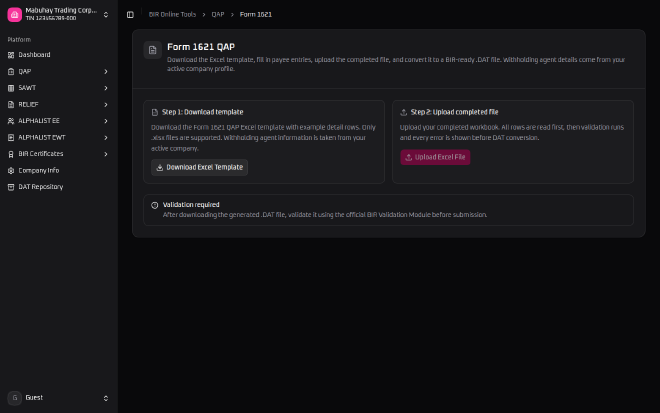 BIR Online Tools&rsquo; empty Form 1621 QAP page, showing Step 1 Download template and Step 2 Upload completed file for decedent deposit account withholding
