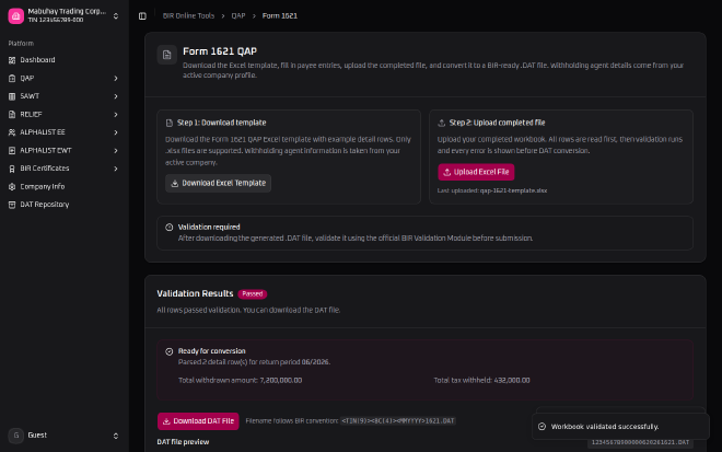 BIR Online Tools&rsquo; Form 1621 QAP validation results showing a Passed badge, 2 detail rows parsed for return period 06/2026, a total withdrawn amount of 7,200,000.00, and total tax withheld of 432,000.00