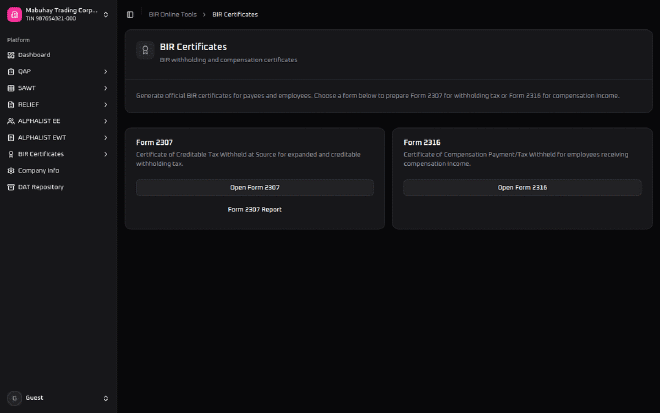 BIR Certificates hub with BIR Form 2307 and Form 2316 side by side, each with its own Open button