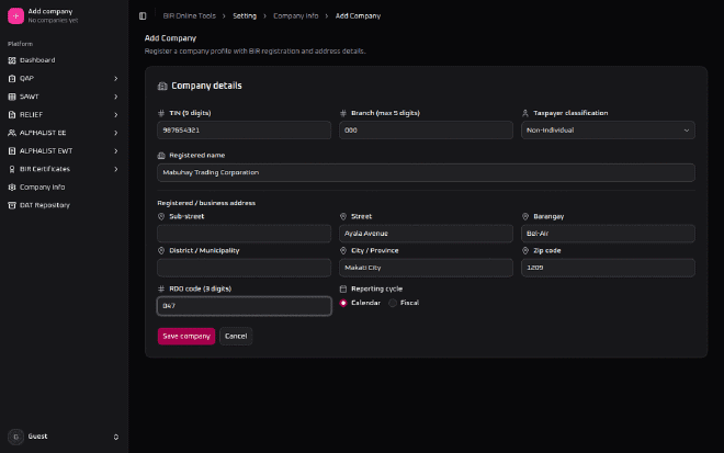BIR Online Tools&rsquo; Add Company screen filled in with a registered name, 9-digit TIN, branch code, RDO code, and business address
