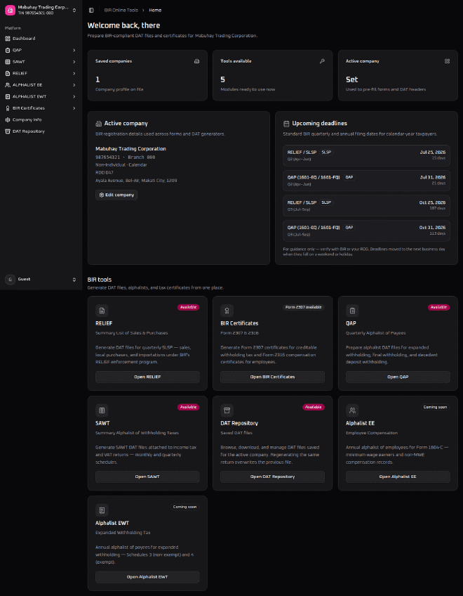 BIR Online Tools dashboard with the active company set, showing the BIR Certificates card among the available tools