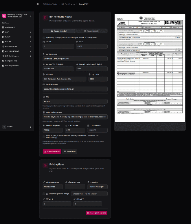 Completed BIR Form 2307 live preview showing the fully rendered certificate — payee and payor details, ATC WC160, and computed 2% tax on a ₱50,000 income payment