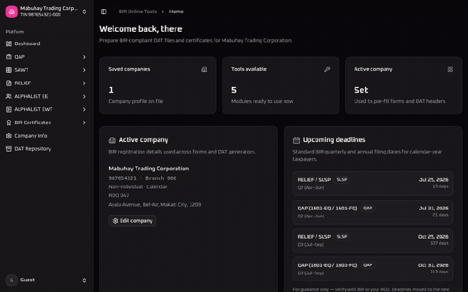 Screen recording of the BIR Online Tools single BIR Form 2307 flow: dashboard, BIR Certificates, BIR Form 2307, payee tab, payor tab, and the completed live preview
